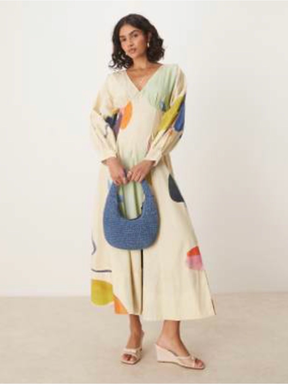 ASOS DESIGN Long sleeve V-Neck Maxi Dress with Colorful Abstract Print